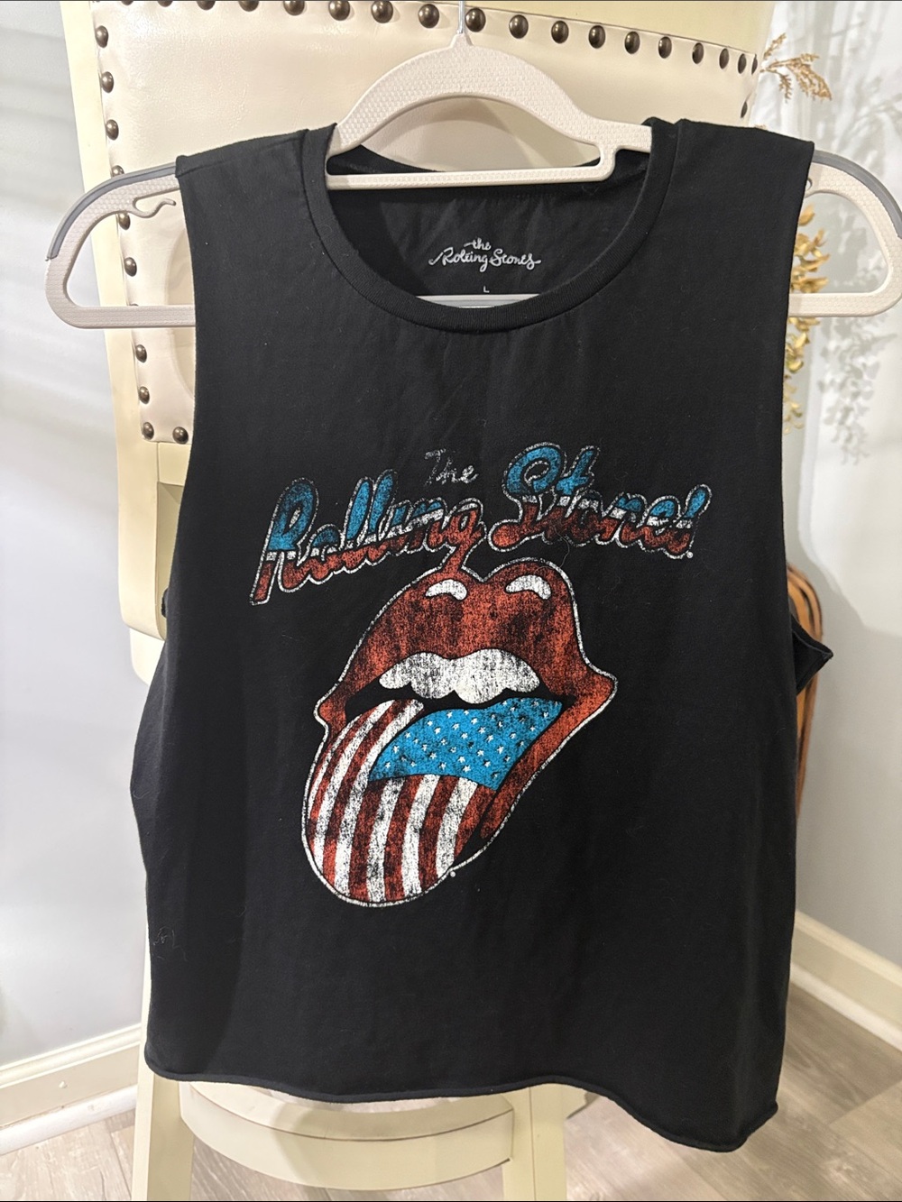 the Rolling Stones Black Muscle Tee with Red, White & Blue Graphic